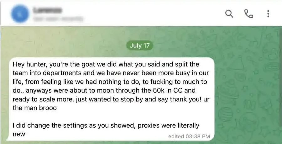 Client message testimonial 1